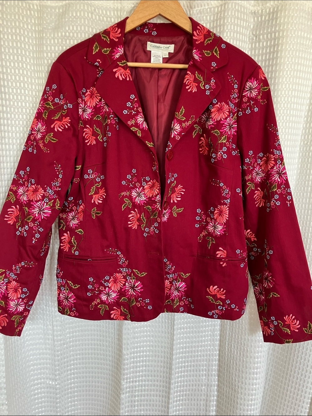 Embroidered Floral Blazer Coldwater Creek Red Pink Cotton Sz L Feminine